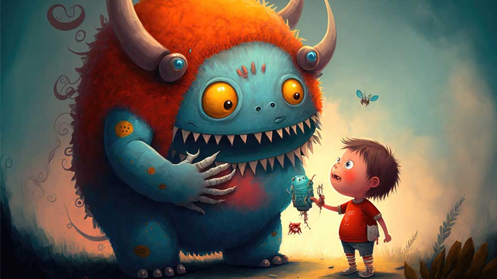 An illustration of a young boy talking to a round blue monster at sunset