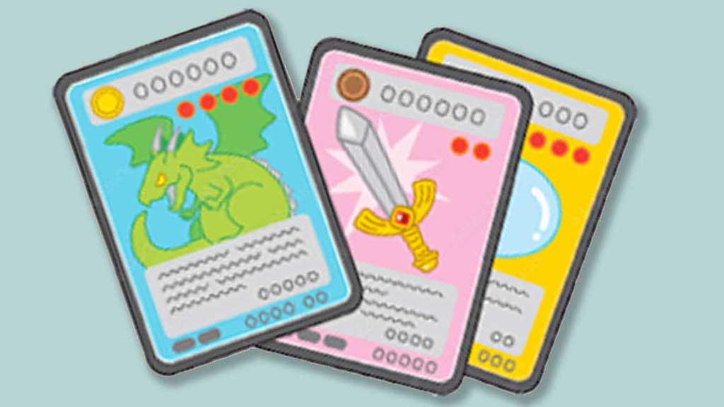 Three illustrated game-cards one shows a dragon, the second a sword and the third a jewel