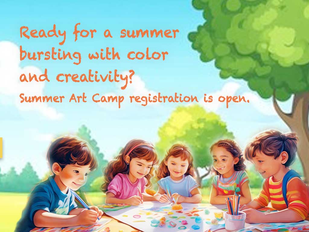 An illustration of children painting outside with text that says: Ready for a summer bursting with color and creativity? Summer Art Camp registration is open
